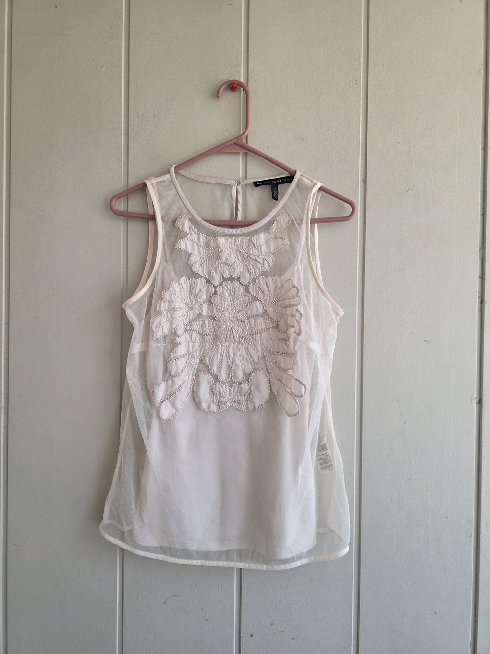 White House Black Market Blush Pink Mesh Beaded Applique Sleeveless Top Small
